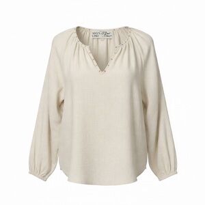 100% Linen Top Boho Cottagecore Blouse V-Neck 3/4 Balloon Sleeves NWT OS Indie